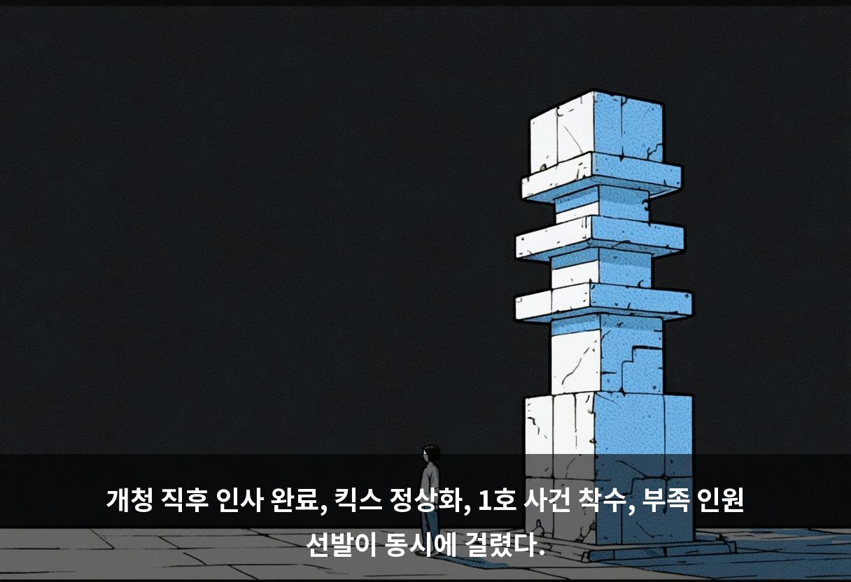 개청 직후 인사 완료, 킥스 정상화, 1호 사건 착수, 부족 인원 선발이 동시에 걸렸다.
