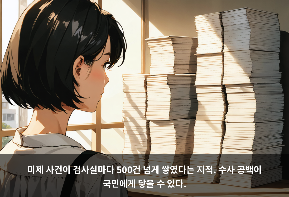 미제 사건이 검사실마다 500건 넘게 쌓였다는 지적. 수사 공백이 국민에게 닿을 수 있다.