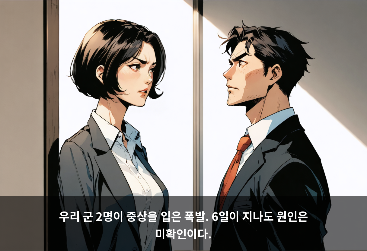우리 군 2명이 중상을 입은 폭발. 6일이 지나도 원인은 미확인이다.