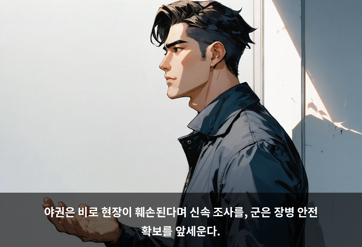 야권은 비로 현장이 훼손된다며 신속 조사를, 군은 장병 안전 확보를 앞세운다.
