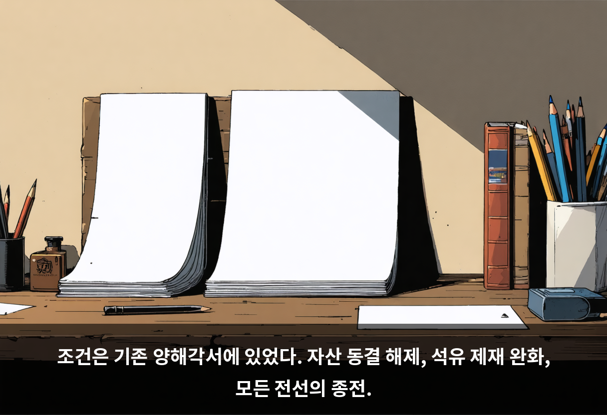 조건은 기존 양해각서에 있었다. 자산 동결 해제, 석유 제재 완화, 모든 전선의 종전.