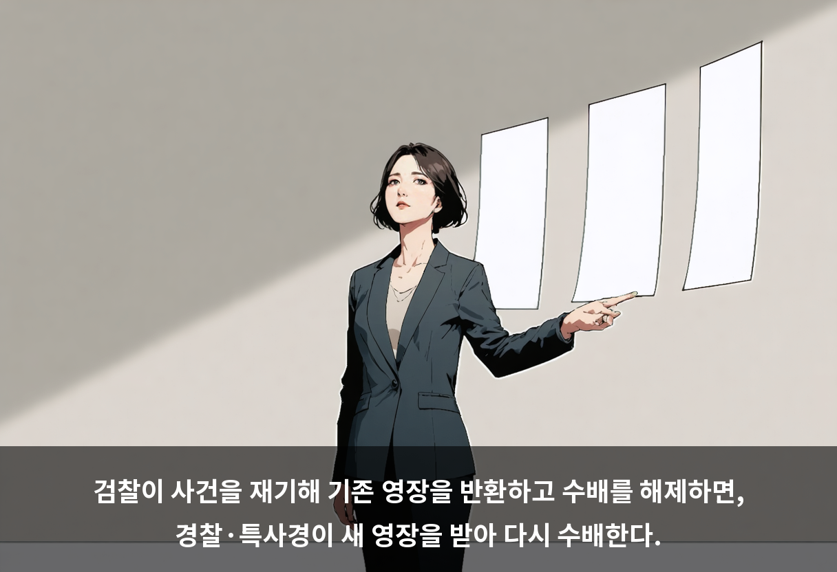 검찰이 사건을 재기해 기존 영장을 반환하고 수배를 해제하면, 경찰·특사경이 새 영장을 받아 다시 수배한다.