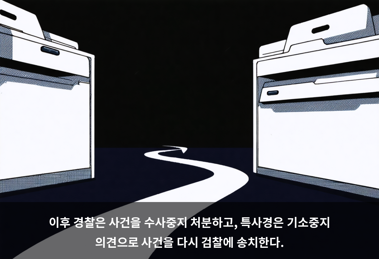 이후 경찰은 사건을 수사중지 처분하고, 특사경은 기소중지 의견으로 사건을 다시 검찰에 송치한다.
