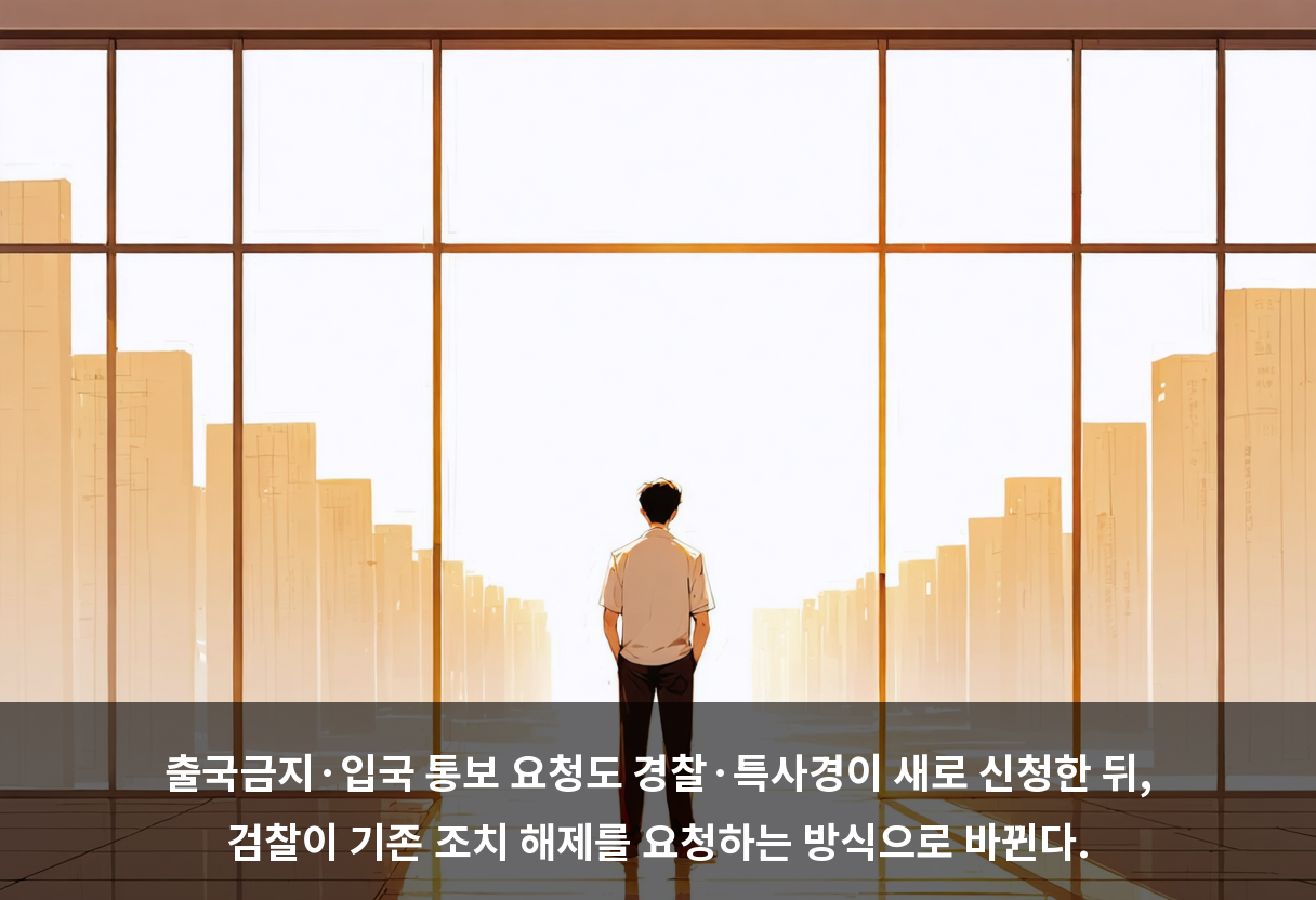 출국금지·입국 통보 요청도 경찰·특사경이 새로 신청한 뒤, 검찰이 기존 조치 해제를 요청하는 방식으로 바뀐다.