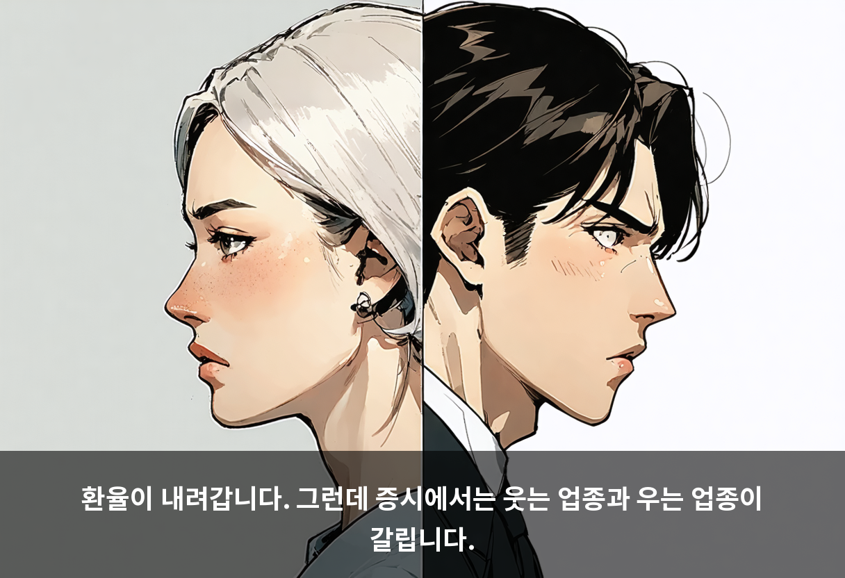 환율이 내려갑니다. 그런데 증시에서는 웃는 업종과 우는 업종이 갈립니다.