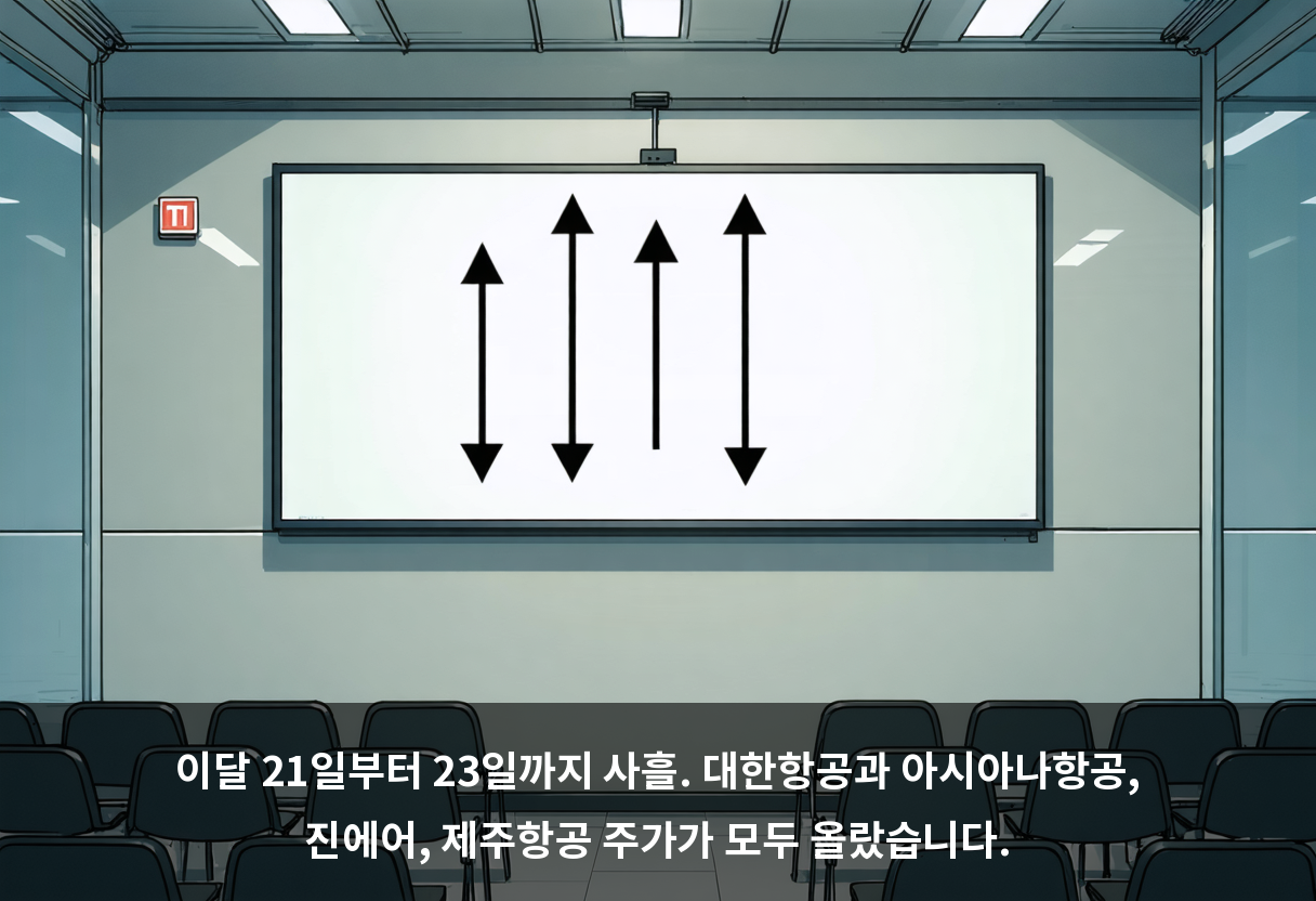 이달 21일부터 23일까지 사흘. 대한항공과 아시아나항공, 진에어, 제주항공 주가가 모두 올랐습니다.