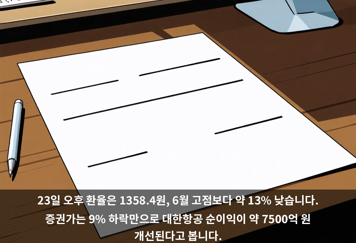 23일 오후 환율은 1358.4원, 6월 고점보다 약 13% 낮습니다. 증권가는 9% 하락만으로 대한항공 순이익이 약 7500억 원 개선된다고 봅니다.