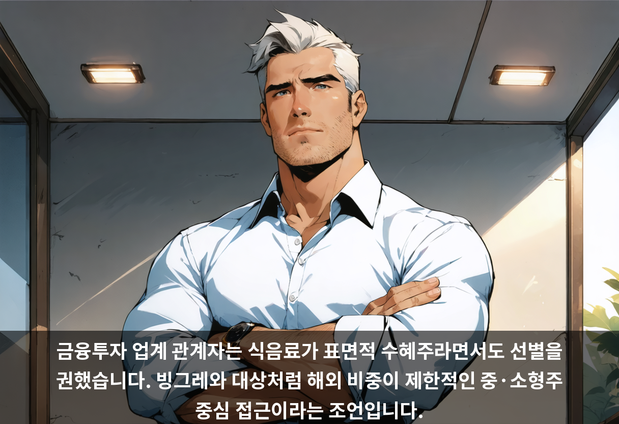 금융투자 업계 관계자는 식음료가 표면적 수혜주라면서도 선별을 권했습니다. 빙그레와 대상처럼 해외 비중이 제한적인 중·소형주 중심 접근이라는 조언입니다.