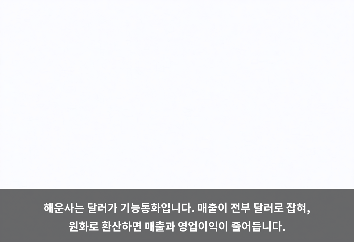 해운사는 달러가 기능통화입니다. 매출이 전부 달러로 잡혀, 원화로 환산하면 매출과 영업이익이 줄어듭니다.
