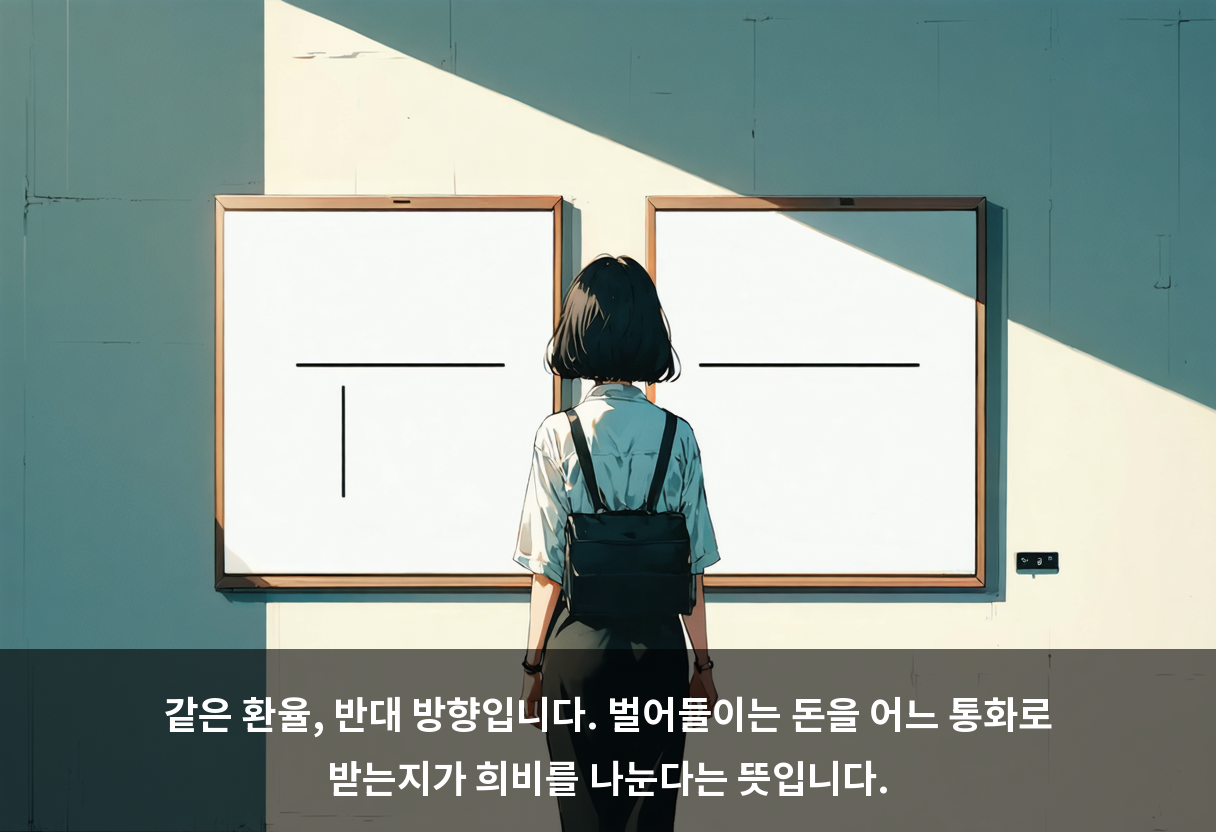 같은 환율, 반대 방향입니다. 벌어들이는 돈을 어느 통화로 받는지가 희비를 나눈다는 뜻입니다.