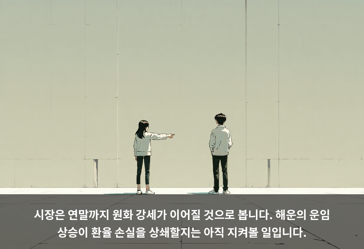 시장은 연말까지 원화 강세가 이어질 것으로 봅니다. 해운의 운임 상승이 환율 손실을 상쇄할지는 아직 지켜볼 일입니다.