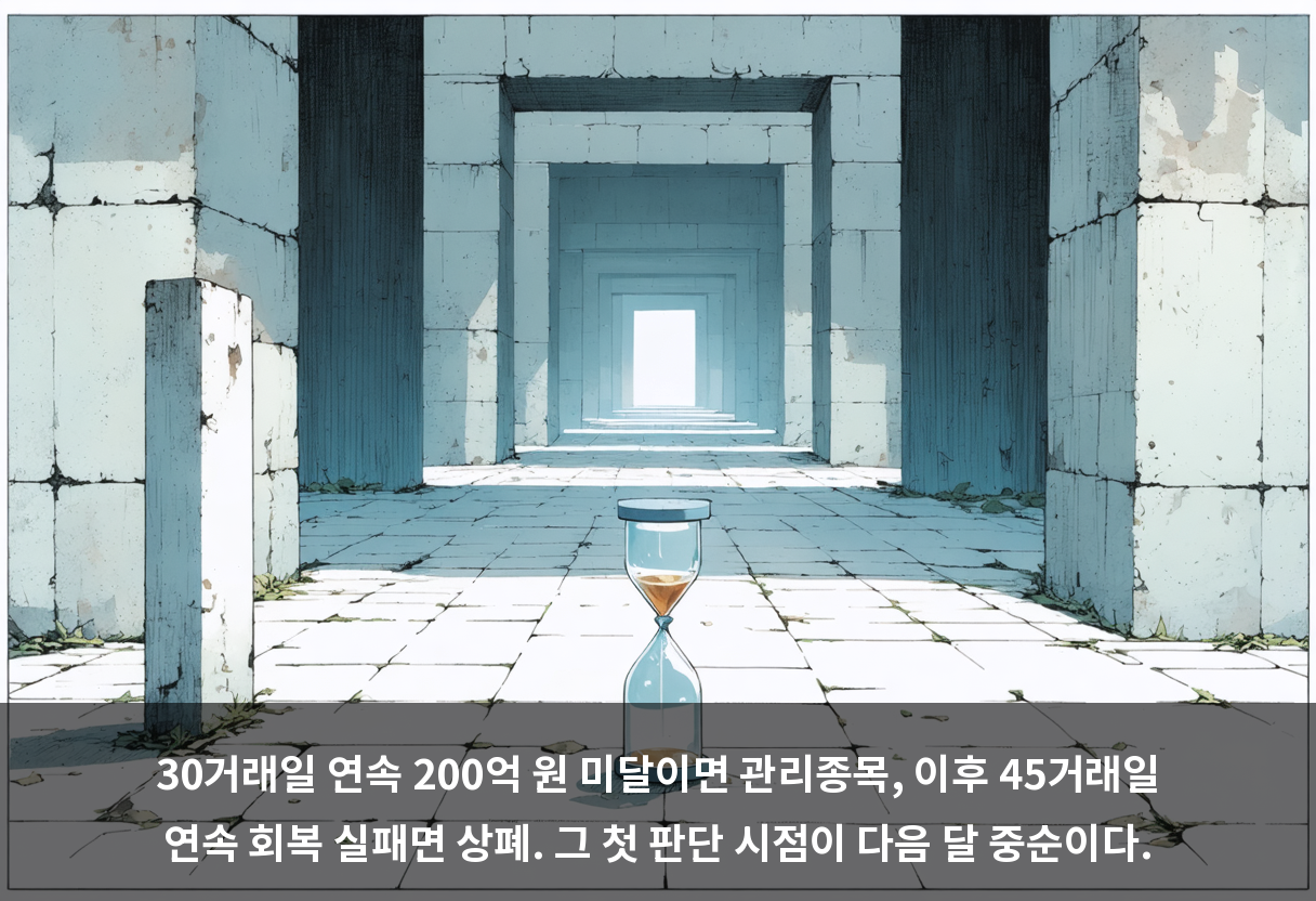 30거래일 연속 200억 원 미달이면 관리종목, 이후 45거래일 연속 회복 실패면 상폐. 그 첫 판단 시점이 다음 달 중순이다.