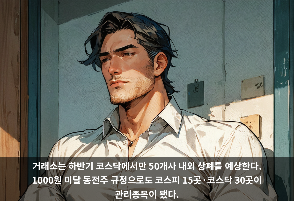 거래소는 하반기 코스닥에서만 50개사 내외 상폐를 예상한다. 1000원 미달 동전주 규정으로도 코스피 15곳·코스닥 30곳이 관리종목이 됐다.