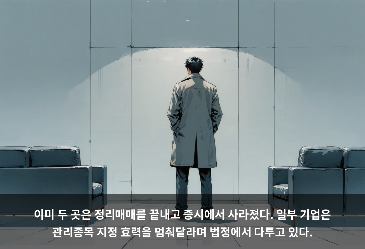 이미 두 곳은 정리매매를 끝내고 증시에서 사라졌다. 일부 기업은 관리종목 지정 효력을 멈춰달라며 법정에서 다투고 있다.