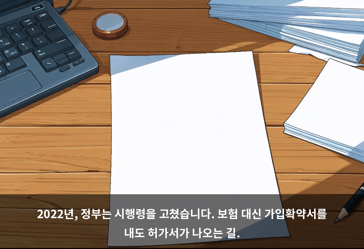 2022년, 정부는 시행령을 고쳤습니다. 보험 대신 가입확약서를 내도 허가서가 나오는 길.