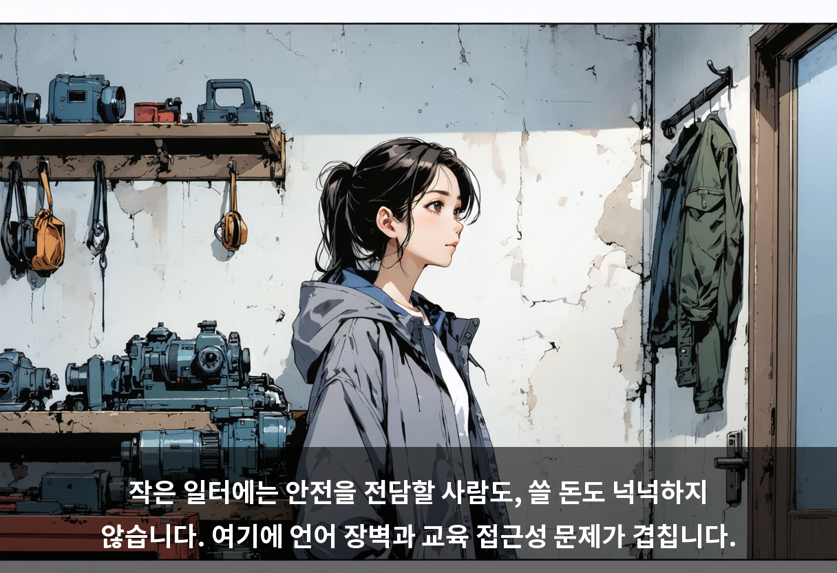 작은 일터에는 안전을 전담할 사람도, 쓸 돈도 넉넉하지 않습니다. 여기에 언어 장벽과 교육 접근성 문제가 겹칩니다.