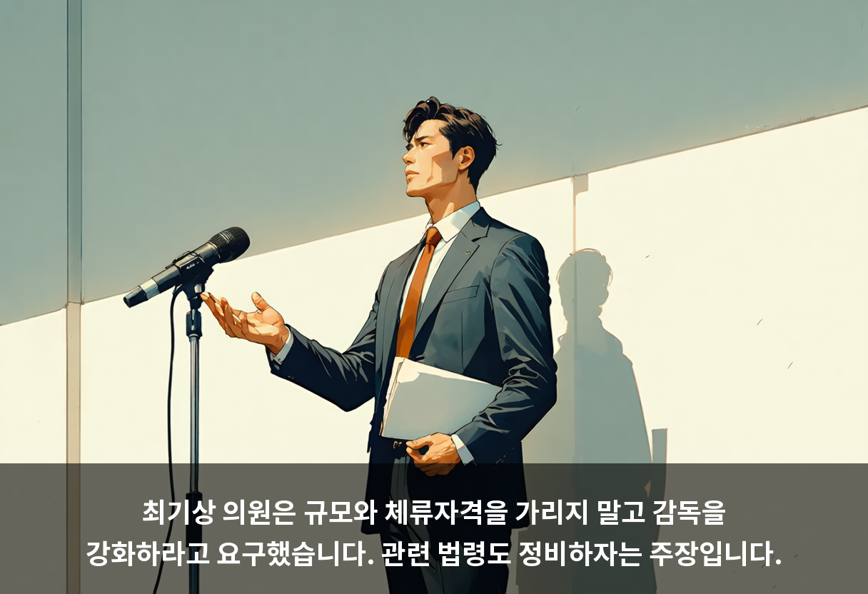최기상 의원은 규모와 체류자격을 가리지 말고 감독을 강화하라고 요구했습니다. 관련 법령도 정비하자는 주장입니다.