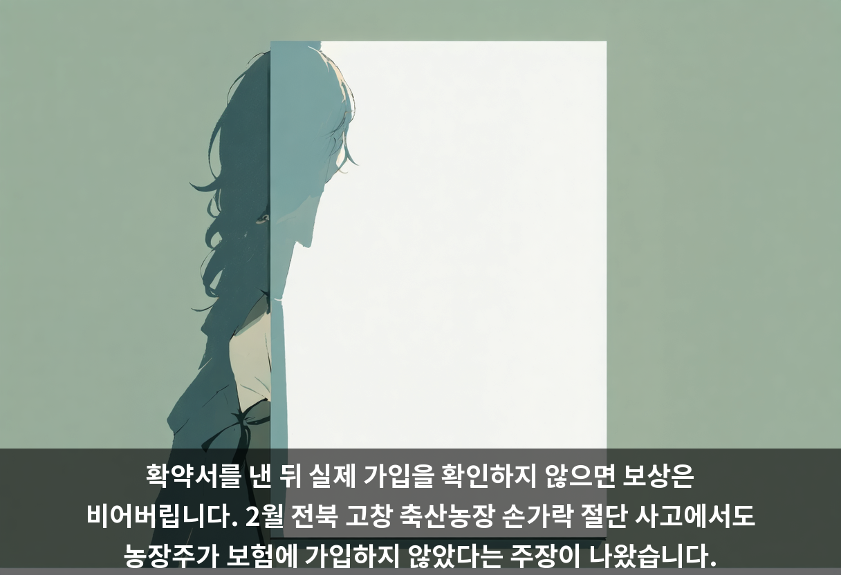 확약서를 낸 뒤 실제 가입을 확인하지 않으면 보상은 비어버립니다. 2월 전북 고창 축산농장 손가락 절단 사고에서도 농장주가 보험에 가입하지 않았다는 주장이 나왔습니다.