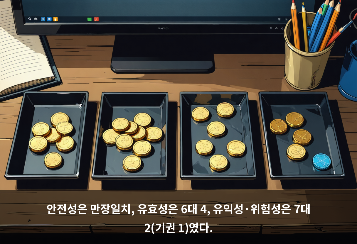 안전성은 만장일치, 유효성은 6대 4, 유익성·위험성은 7대 2(기권 1)였다.