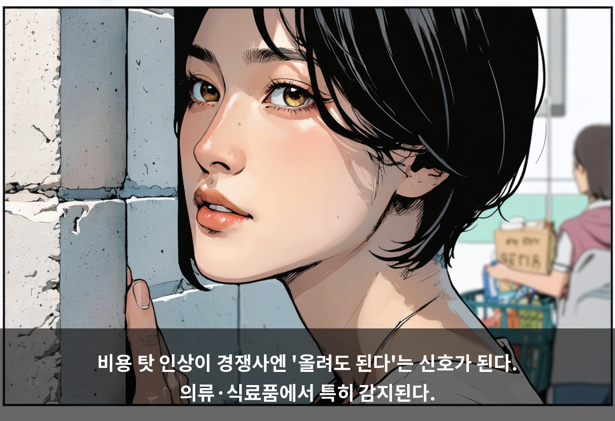 비용 탓 인상이 경쟁사엔 '올려도 된다'는 신호가 된다. 의류·식료품에서 특히 감지된다.