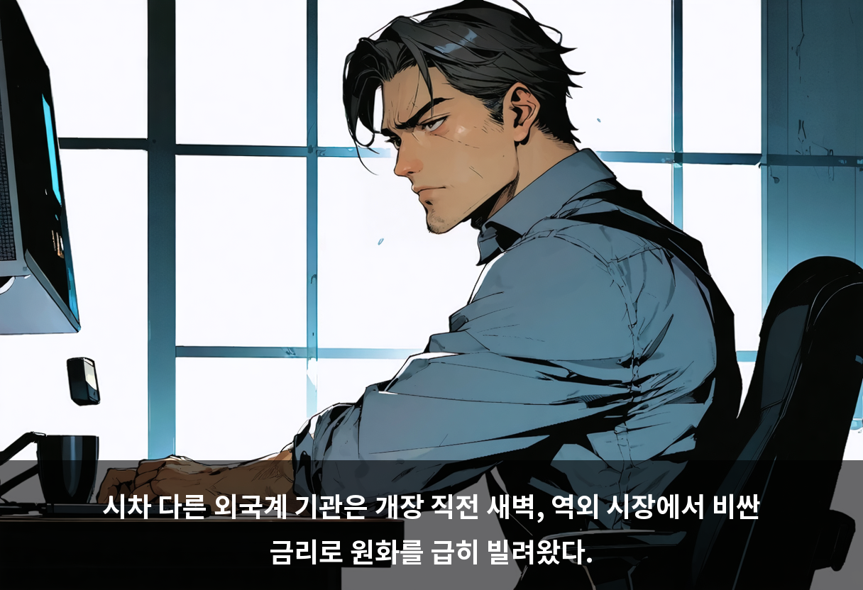 시차 다른 외국계 기관은 개장 직전 새벽, 역외 시장에서 비싼 금리로 원화를 급히 빌려왔다.
