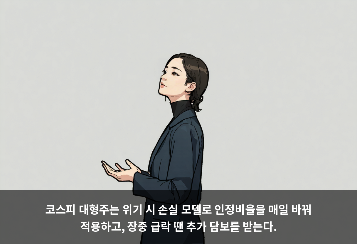 코스피 대형주는 위기 시 손실 모델로 인정비율을 매일 바꿔 적용하고, 장중 급락 땐 추가 담보를 받는다.