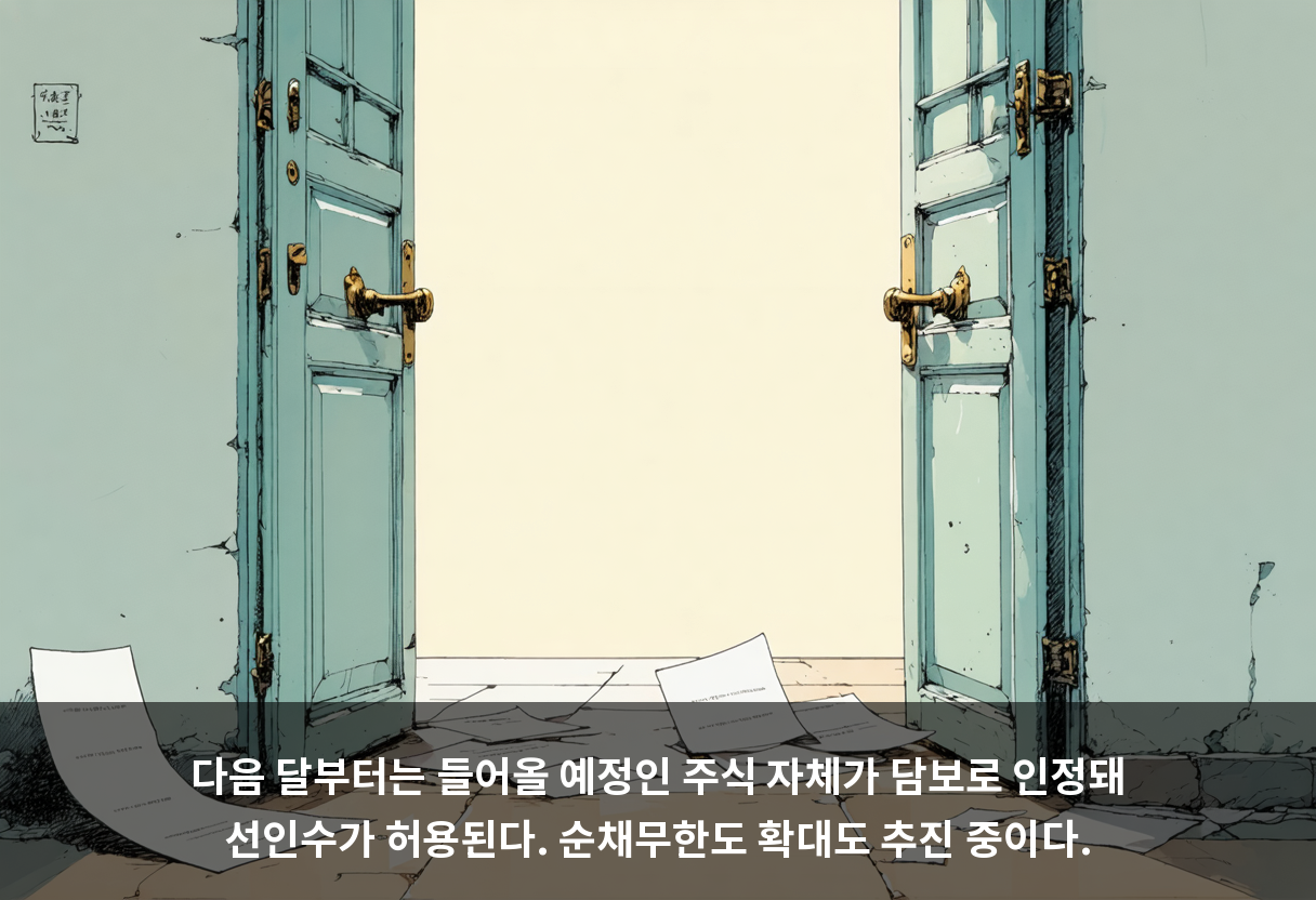 다음 달부터는 들어올 예정인 주식 자체가 담보로 인정돼 선인수가 허용된다. 순채무한도 확대도 추진 중이다.