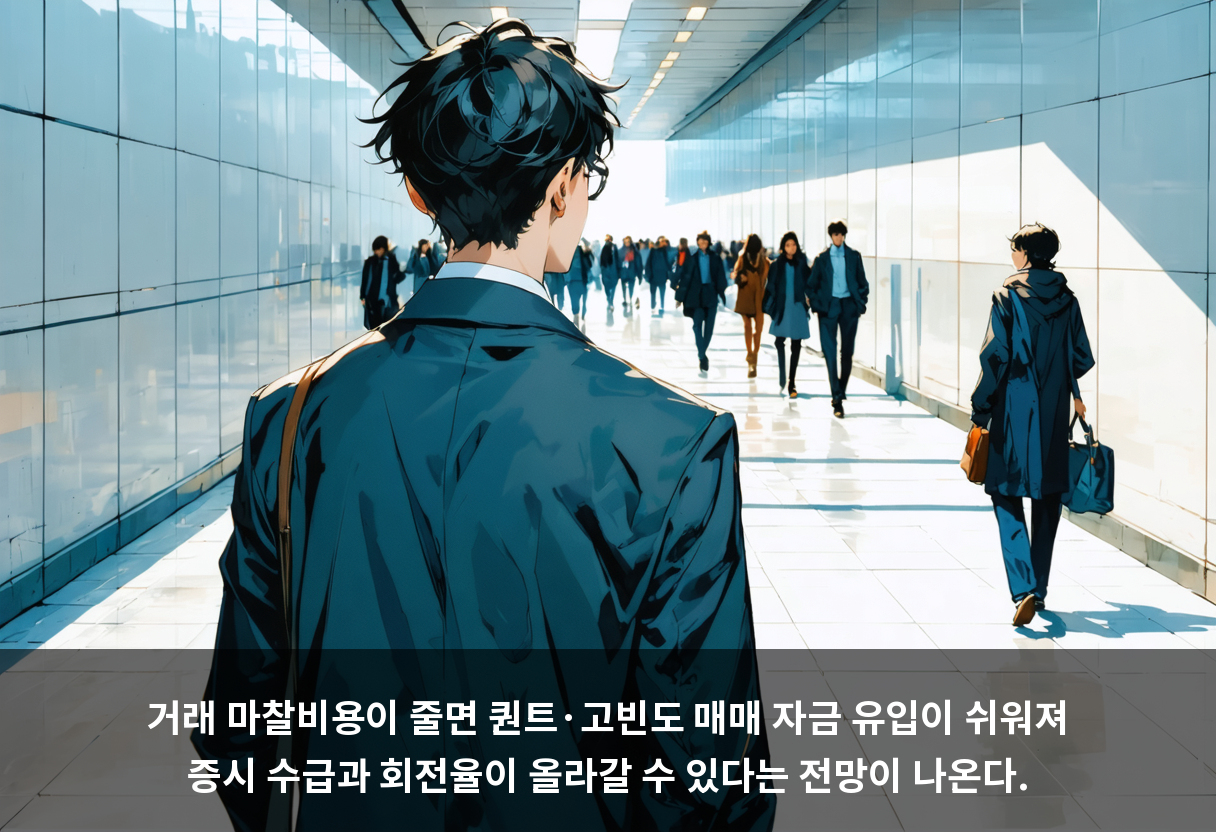 거래 마찰비용이 줄면 퀀트·고빈도 매매 자금 유입이 쉬워져 증시 수급과 회전율이 올라갈 수 있다는 전망이 나온다.
