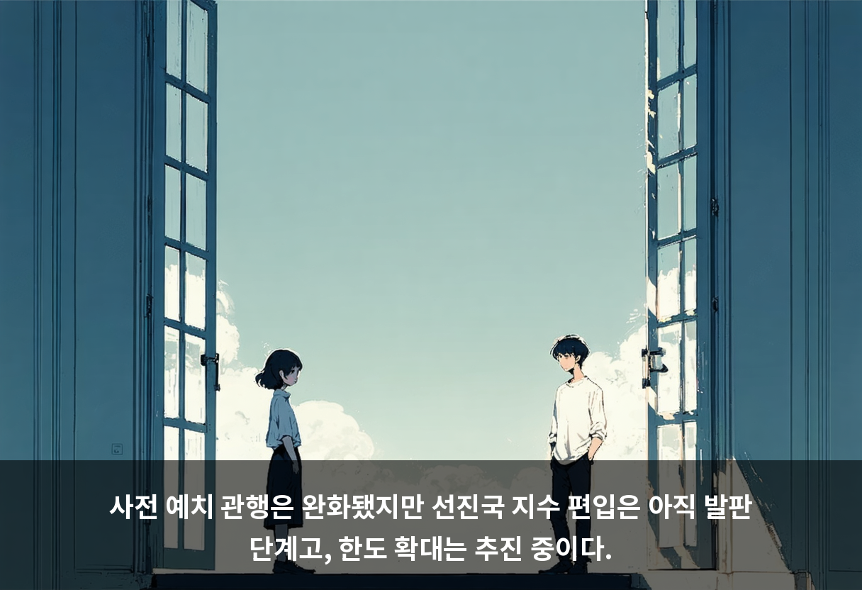 사전 예치 관행은 완화됐지만 선진국 지수 편입은 아직 발판 단계고, 한도 확대는 추진 중이다.