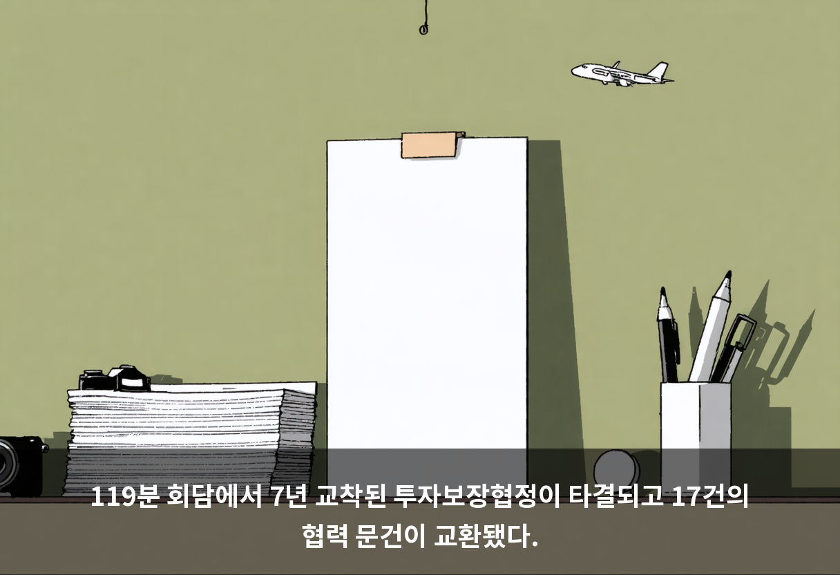 119분 회담에서 7년 교착된 투자보장협정이 타결되고 17건의 협력 문건이 교환됐다.