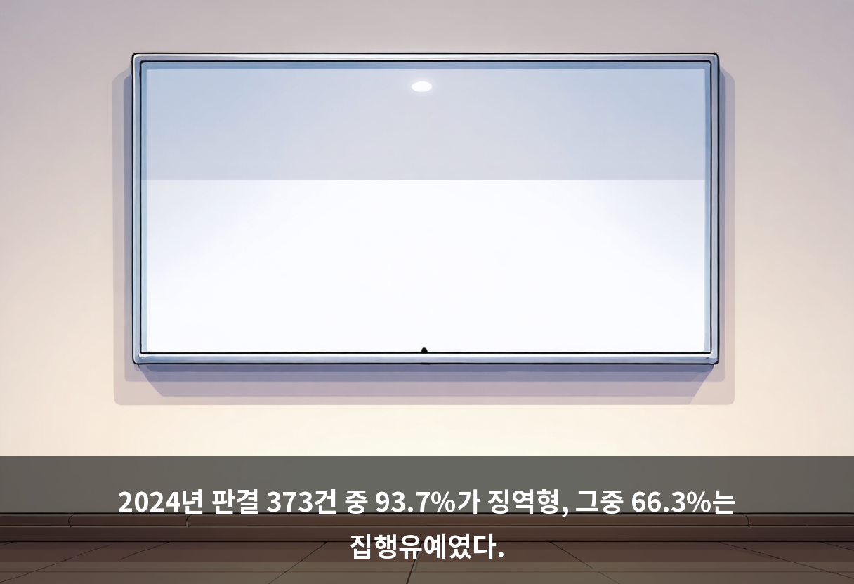 2024년 판결 373건 중 93.7%가 징역형, 그중 66.3%는 집행유예였다.