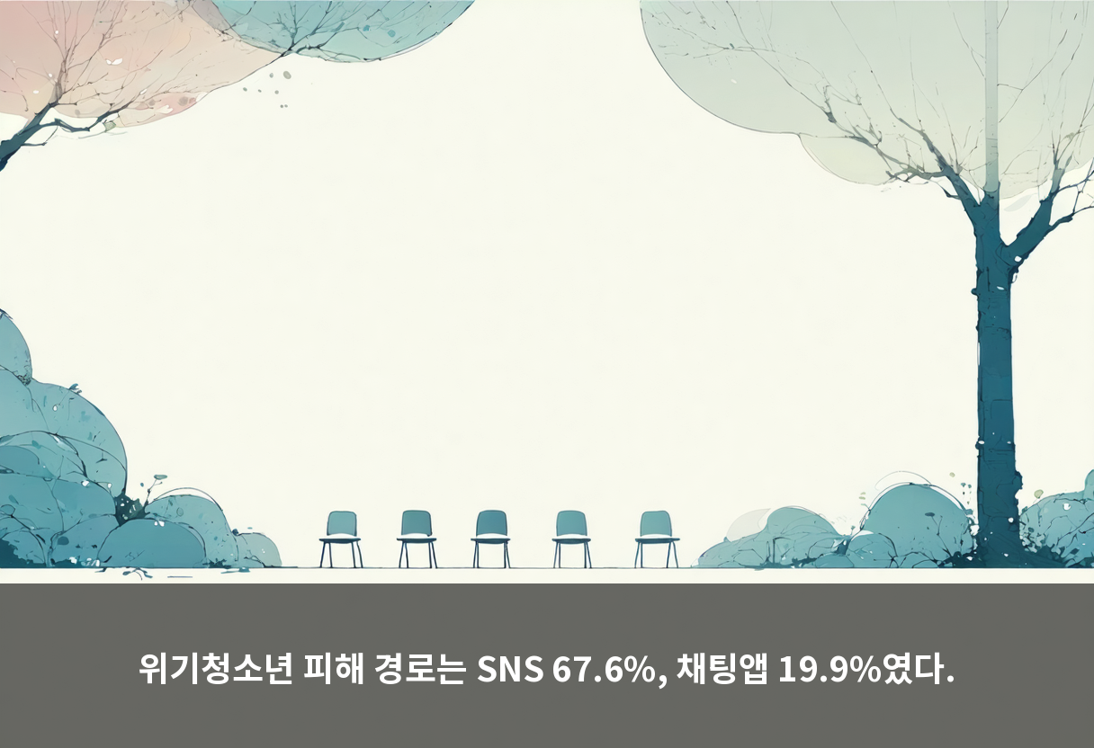 위기청소년 피해 경로는 SNS 67.6%, 채팅앱 19.9%였다.