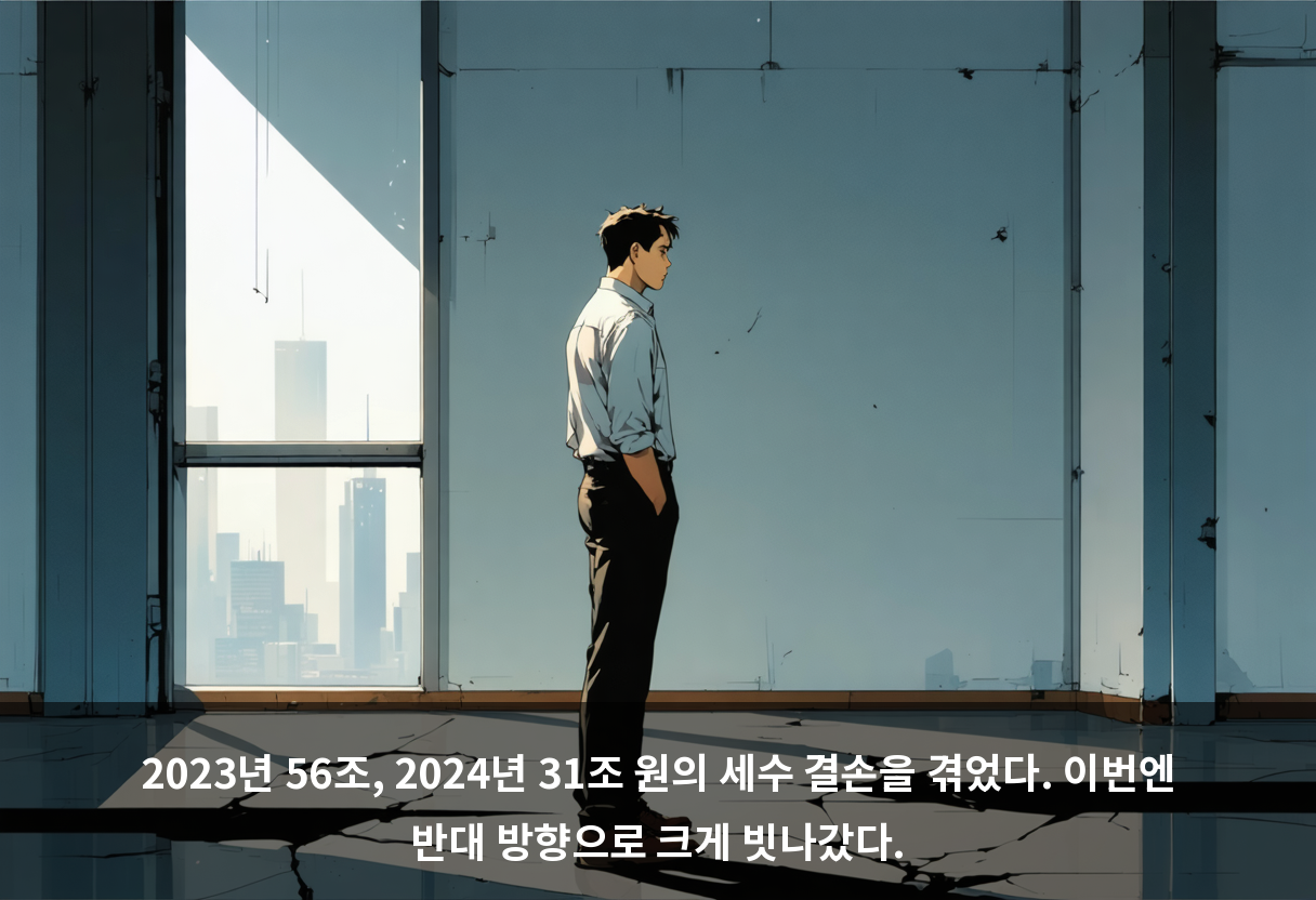 2023년 56조, 2024년 31조 원의 세수 결손을 겪었다. 이번엔 반대 방향으로 크게 빗나갔다.