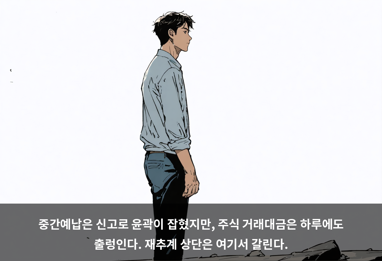 중간예납은 신고로 윤곽이 잡혔지만, 주식 거래대금은 하루에도 출렁인다. 재추계 상단은 여기서 갈린다.