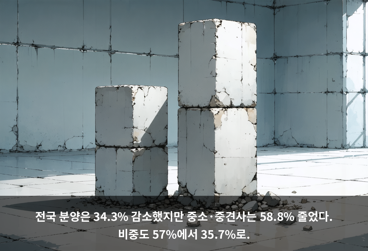 전국 분양은 34.3% 감소했지만 중소·중견사는 58.8% 줄었다. 비중도 57%에서 35.7%로.
