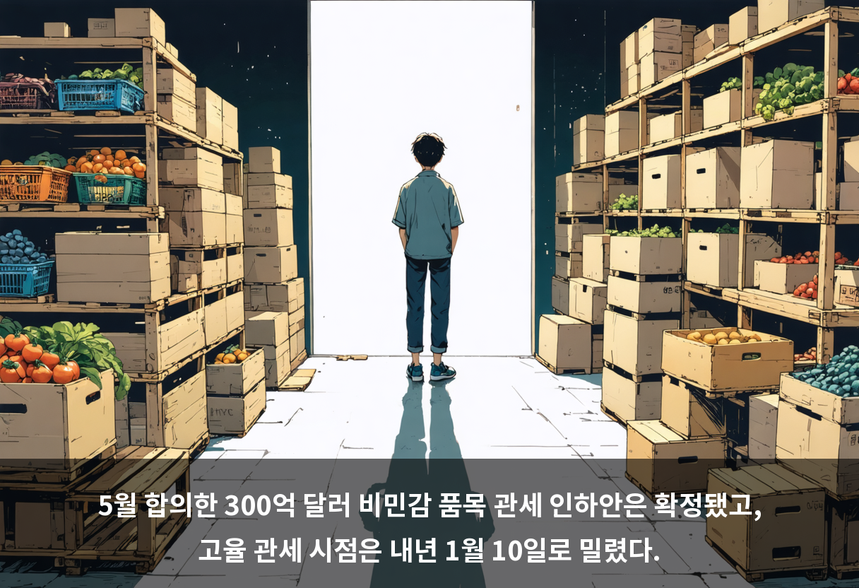 5월 합의한 300억 달러 비민감 품목 관세 인하안은 확정됐고, 고율 관세 시점은 내년 1월 10일로 밀렸다.