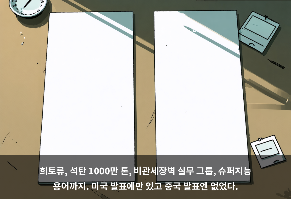 희토류, 석탄 1000만 톤, 비관세장벽 실무 그룹, 슈퍼지능 용어까지. 미국 발표에만 있고 중국 발표엔 없었다.