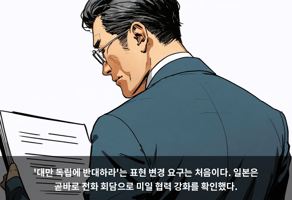 '대만 독립에 반대하라'는 표현 변경 요구는 처음이다. 일본은 곧바로 전화 회담으로 미일 협력 강화를 확인했다.
