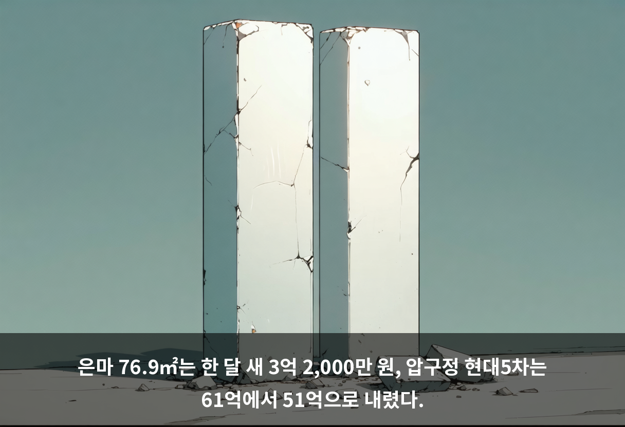 은마 76.9㎡는 한 달 새 3억 2,000만 원, 압구정 현대5차는 61억에서 51억으로 내렸다.