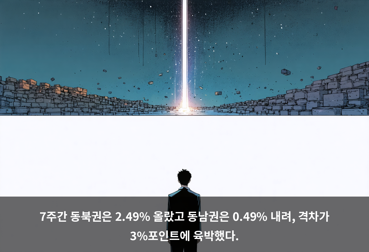 7주간 동북권은 2.49% 올랐고 동남권은 0.49% 내려, 격차가 3%포인트에 육박했다.