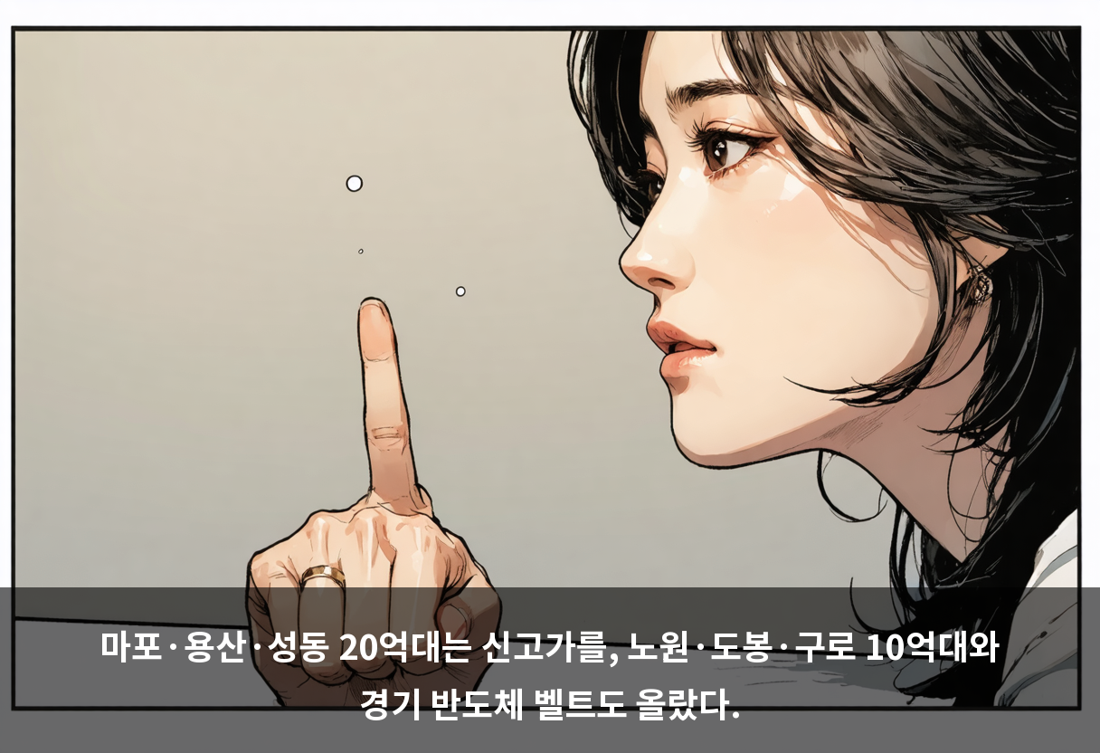 마포·용산·성동 20억대는 신고가를, 노원·도봉·구로 10억대와 경기 반도체 벨트도 올랐다.