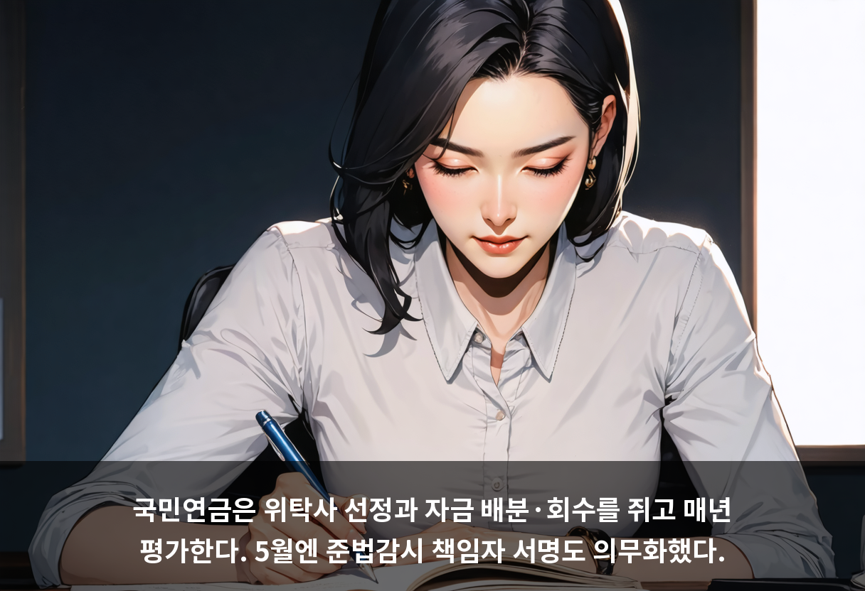 국민연금은 위탁사 선정과 자금 배분·회수를 쥐고 매년 평가한다. 5월엔 준법감시 책임자 서명도 의무화했다.