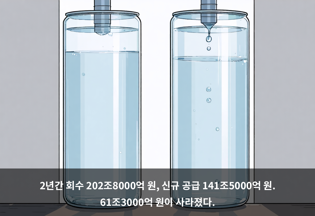 2년간 회수 202조8000억 원, 신규 공급 141조5000억 원. 61조3000억 원이 사라졌다.