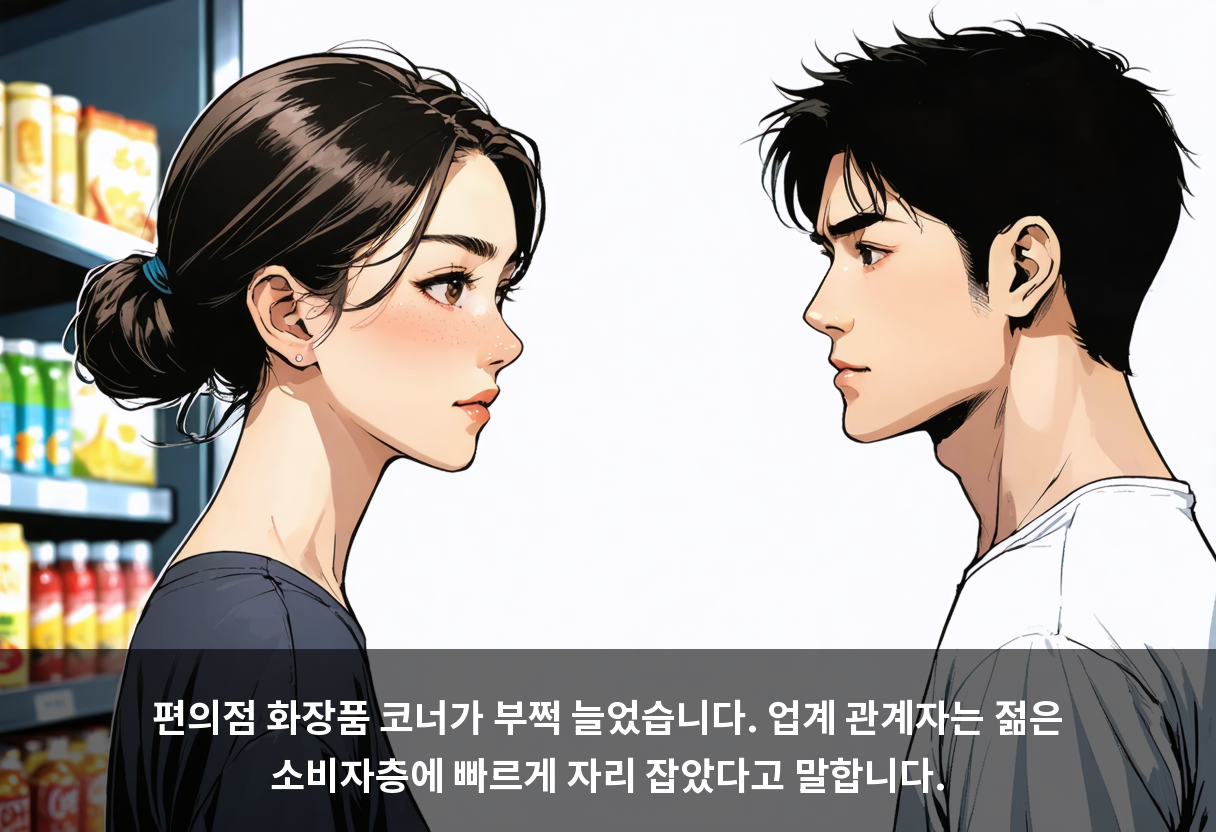 편의점 화장품 코너가 부쩍 늘었습니다. 업계 관계자는 젊은 소비자층에 빠르게 자리 잡았다고 말합니다.