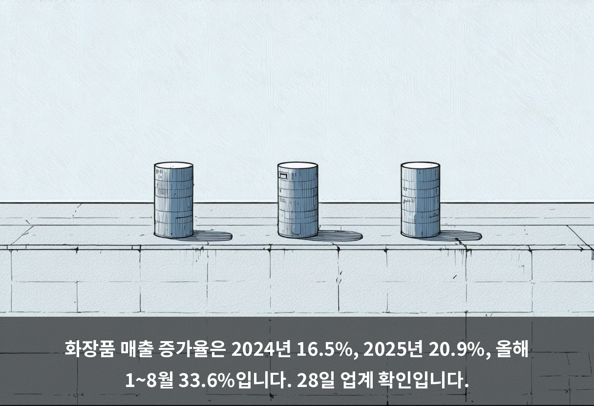 화장품 매출 증가율은 2024년 16.5%, 2025년 20.9%, 올해 1~8월 33.6%입니다. 28일 업계 확인입니다.