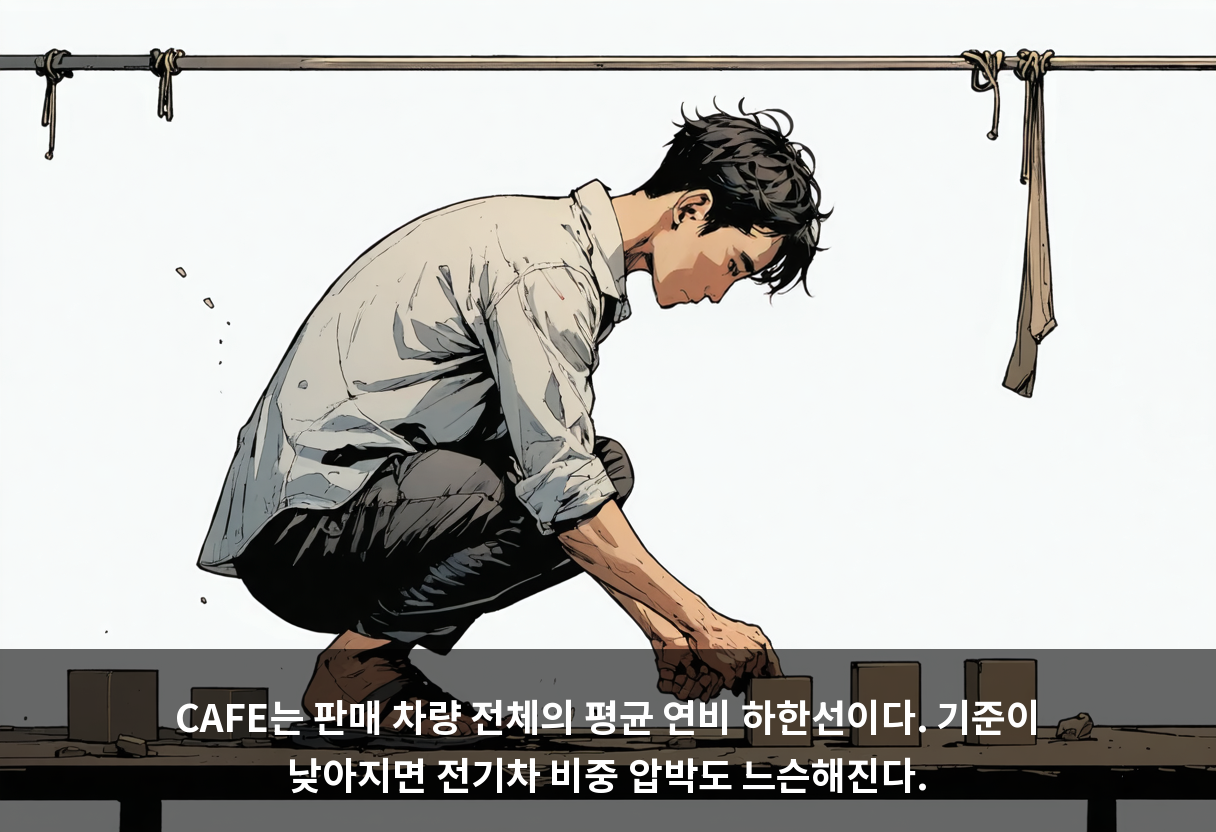 CAFE는 판매 차량 전체의 평균 연비 하한선이다. 기준이 낮아지면 전기차 비중 압박도 느슨해진다.
