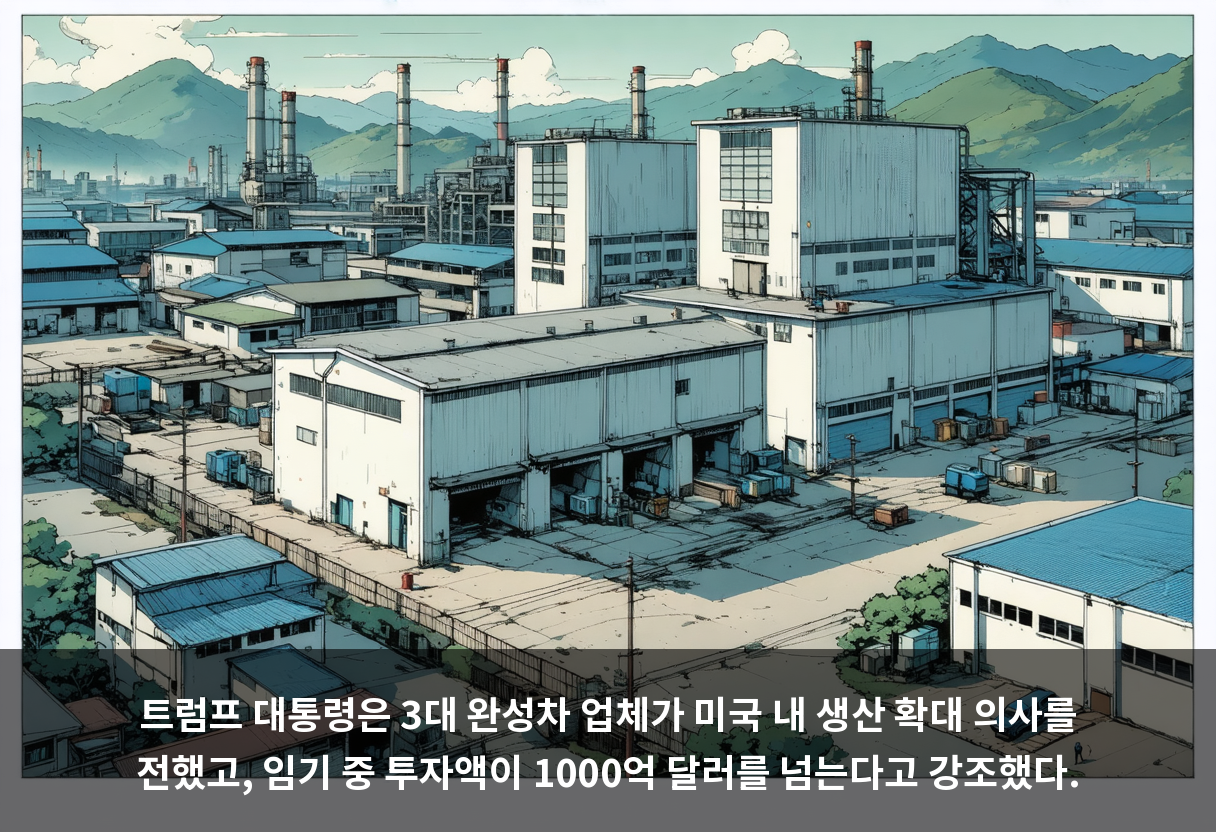 트럼프 대통령은 3대 완성차 업체가 미국 내 생산 확대 의사를 전했고, 임기 중 투자액이 1000억 달러를 넘는다고 강조했다.