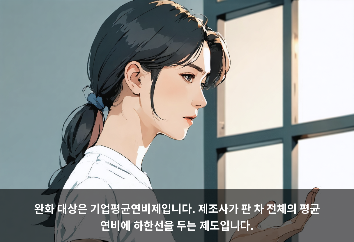 완화 대상은 기업평균연비제입니다. 제조사가 판 차 전체의 평균 연비에 하한선을 두는 제도입니다.