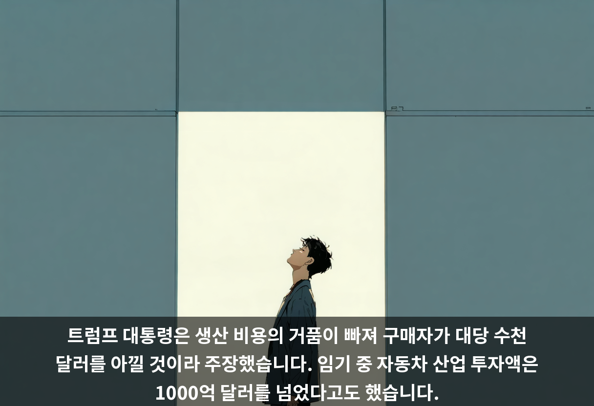 트럼프 대통령은 생산 비용의 거품이 빠져 구매자가 대당 수천 달러를 아낄 것이라 주장했습니다. 임기 중 자동차 산업 투자액은 1000억 달러를 넘었다고도 했습니다.