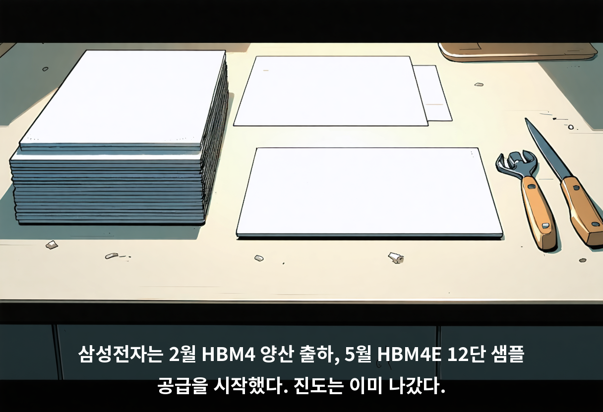 삼성전자는 2월 HBM4 양산 출하, 5월 HBM4E 12단 샘플 공급을 시작했다. 진도는 이미 나갔다.